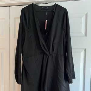PrettyLittleThing Plus Black Satin Long Sleeve Wrap Dress